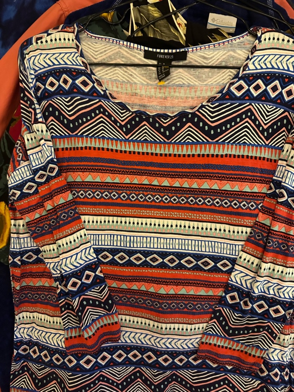 Forever 21 Multicolor Tribal Stripe Long Sleeve Top - Red, Navy, White